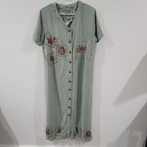 Country Wear 2000 Womens Midi Dress Size Large Green Patchwork Lagenlook